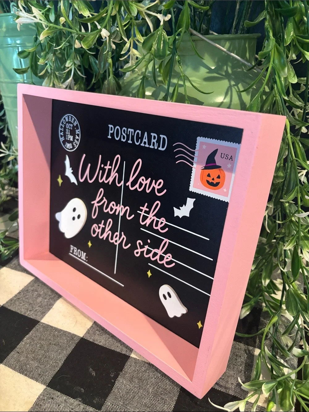 Halloween 'With Love From The Other Side' Decorative Postcard Sign - Pink Frame
